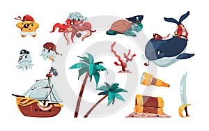 Cartoon pirate collection. Cute marine animals in pirate costumes, spyglass wooden chest palm trees and sailboat kids