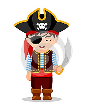 Cartoon pirate. Cute little kid in costume. Vector flat illustra