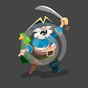 Cartoon pirate game drawing. Isolated old drunkard with rum bottle. Comic captain with parrot and dagger. Funny corsair