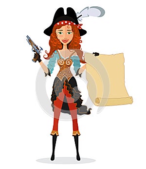 Cartoon pirate girl with powder gun and scroll isolated on a white background. Vector.