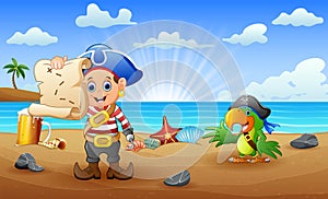 Cartoon pirate kid and parrot looking for a map