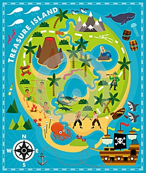 Cartoon Pirate Map Treasure, Travel Adventure. Vector Illustration.