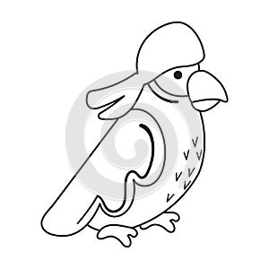 Cartoon Pirate Parrot in bandana. Vector illustration coloring page or book with doodle for kids and adults