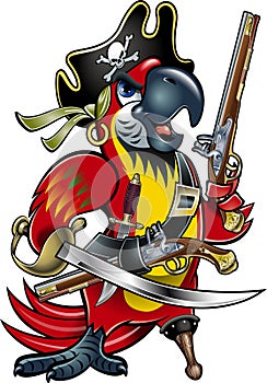 Cartoon pirate parrot holding cutlass sword and flintlock pistol