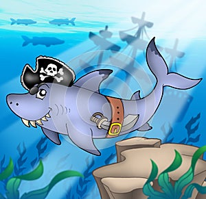 Cartoon pirate shark with shipwreck