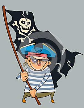 Cartoon pirate with a shiner holding a pirate flag