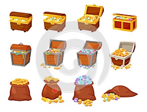 Cartoon pirate treasure chests, bags with gold and jewels. Open wooden chest with ancient treasures, bag with golden