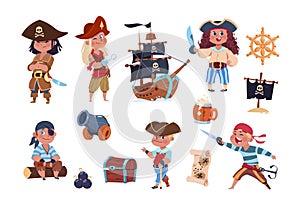 Cartoon pirates. Funny pirate captain and sailor characters, ship treasure map vector collection