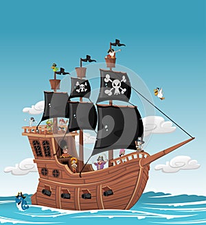 Cartoon pirates on a ship at the sea