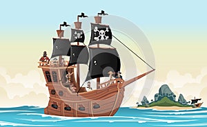 cartoon pirates on a ship at the sea