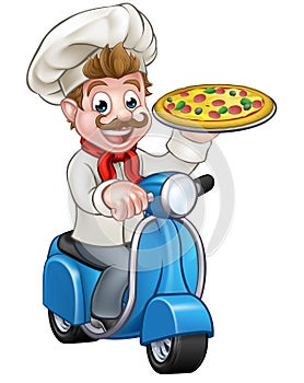 Cartoon Pizza Chef on Delivery Moped Scooter