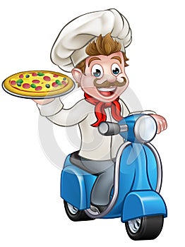 Cartoon Pizza Chef on Delivery Moped Scooter