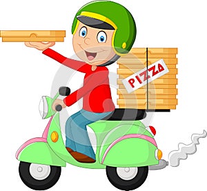 Cartoon pizza delivery boy riding motor bike