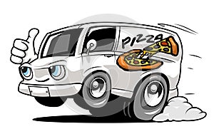 Cartoon pizza delivery car giving a thumb up