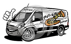 Cartoon pizza delivery car giving a thumb up