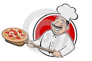 Cartoon pizza logo of a serving chef