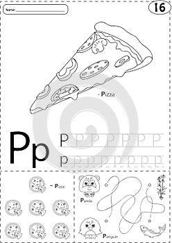 Cartoon pizza, panda and penguin. Alphabet tracing worksheet: writing A-Z and educational game for kids