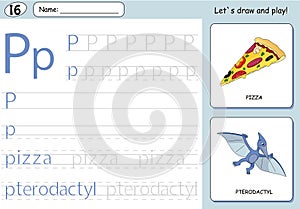 Cartoon pizza and pterodactyl. Alphabet tracing worksheet