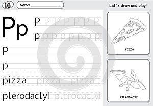 Cartoon pizza and pterodactyl. Alphabet tracing worksheet: writing A-Z and educational game for kids