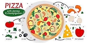 Cartoon pizza recipe. Different ingredients. Italian food cooking instruction. Dish constructor with mushrooms or