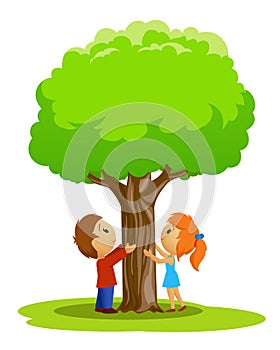 Cartoon place with boy and girl touched tree photo