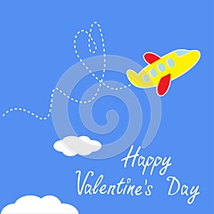 Cartoon plane. Dash heart in the sky. Happy Valent