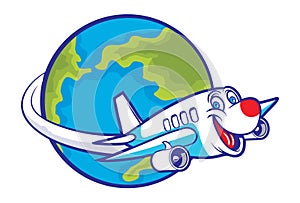 Cartoon plane flying around the globe