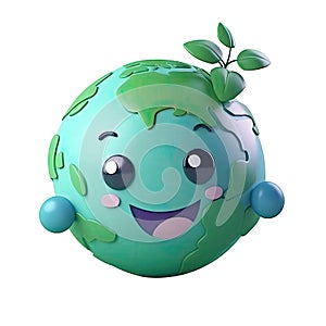 Cartoon planet cute 3d icon Earth day kawaii or environment conservation concept. Save green concept isolated Transparent