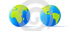 Cartoon planet Earth 3d vector icon in green and blue colours, volume continents, 3d render style