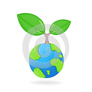 Cartoon planet Earth with green sprout and leaves 3d vector icon on white background. Earth day, ecology, nature and environment