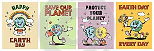 Cartoon planet Earth posters. Happy Earth day sticker, save our planet flyer with retro globe mascot character vector