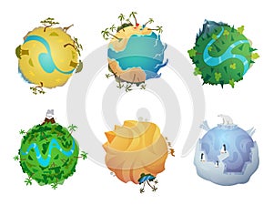 Cartoon planet. Earth visualization of different climatic zones cold and hot surface ice snow rocks sand desert lava photo