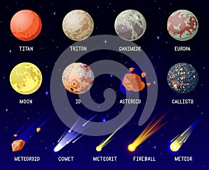 Cartoon planets. Solar system planets, galaxy cosmic space celestial bodies, planets satellites, moon, comet and