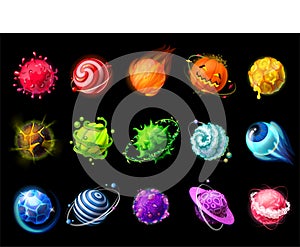 Cartoon planets. Space fantasy color asteroids, meteors, ice comets, lava and gas planets. Vector set of isolated
