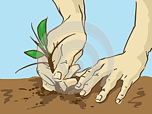 Cartoon Planting Tree. Hands Put a Sprout In The Ground