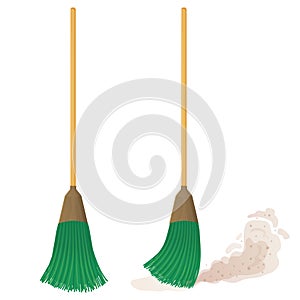 Cartoon plastic broom set. A broom sweeps dust and dirt. Household, cleaning services, housewives,concept. Equipment