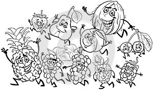 Cartoon playful fruit characters group coloring page