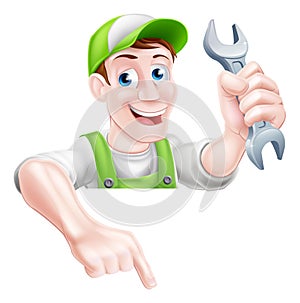 Cartoon Plumber or Mechanic Pointing