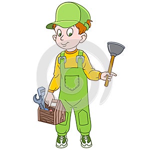 Cartoon plumber with plunger and tools