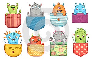 Cartoon pocket monster. Funny monsters in pockets, scary halloween creatures and little boo monster vector illustration photo