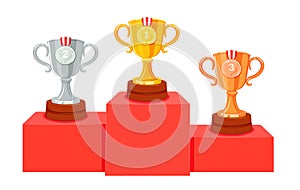 Cartoon podium with winners cups. Prizes for first, second and third places in competitions. Award for winners and