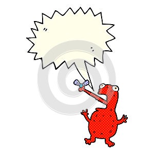 cartoon poisonous frog catching fly with speech bubble