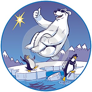 Cartoon Polar Bear Doing Cannonball Plunge While Penguins Watch