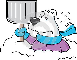 Cartoon polar bear holding a snow shovel.