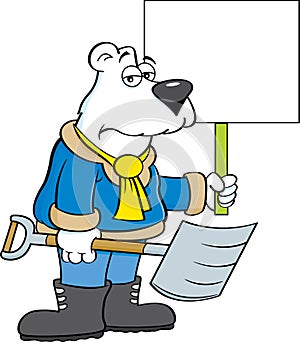 Cartoon polar bear holding a snow shovel and a sign.