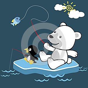 Cartoon of polar bear and little penguin fishing
