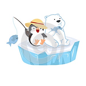 Cartoon polar bear with penguin sit on ice floe