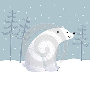 Cartoon polar bear with winter landscape scene on a snowy day