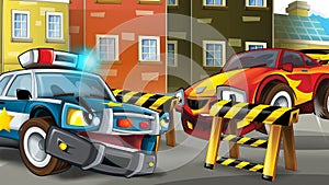 Cartoon police car officer on the road block stopping speeding car - illustration for children