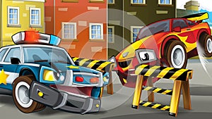 Cartoon police car officer on the road block stopping speeding car - illustration for children